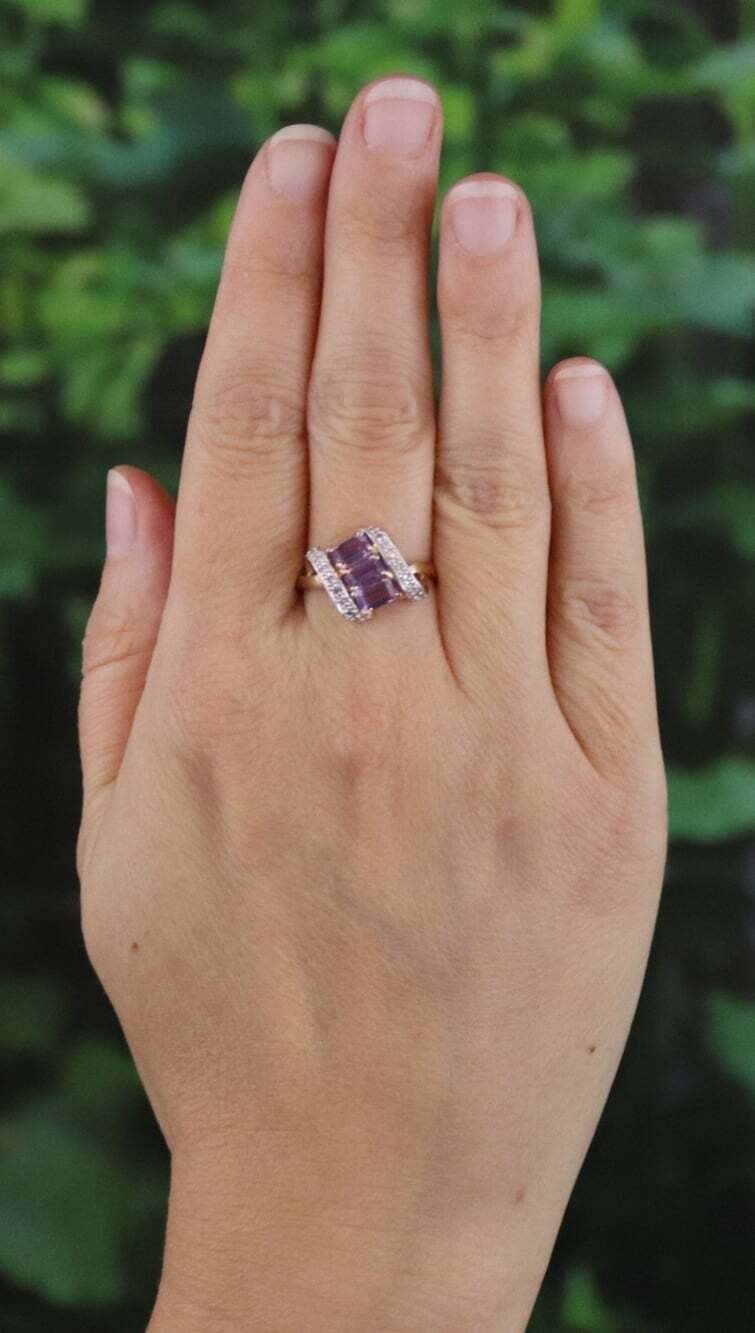 14k Yellow Gold Natural Amethyst and Diamond Ring Size 8 3/4 - Picture 3 of 8